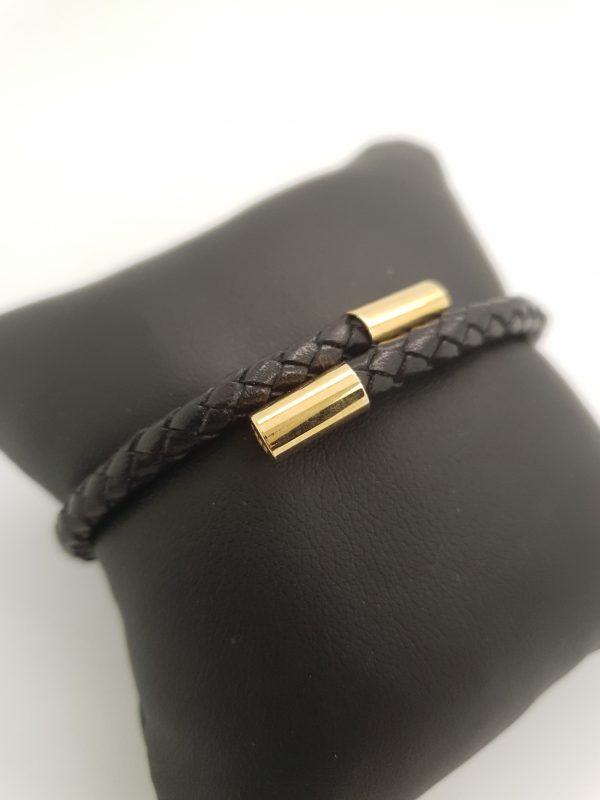 bracelet mixte cuir noir or 750